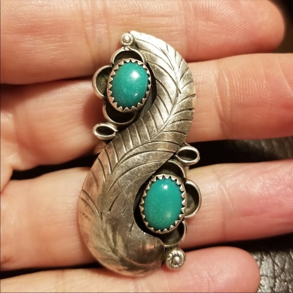 Vintage Navajo Sterling Feather Turquoise Ring - Picture 2 of 4